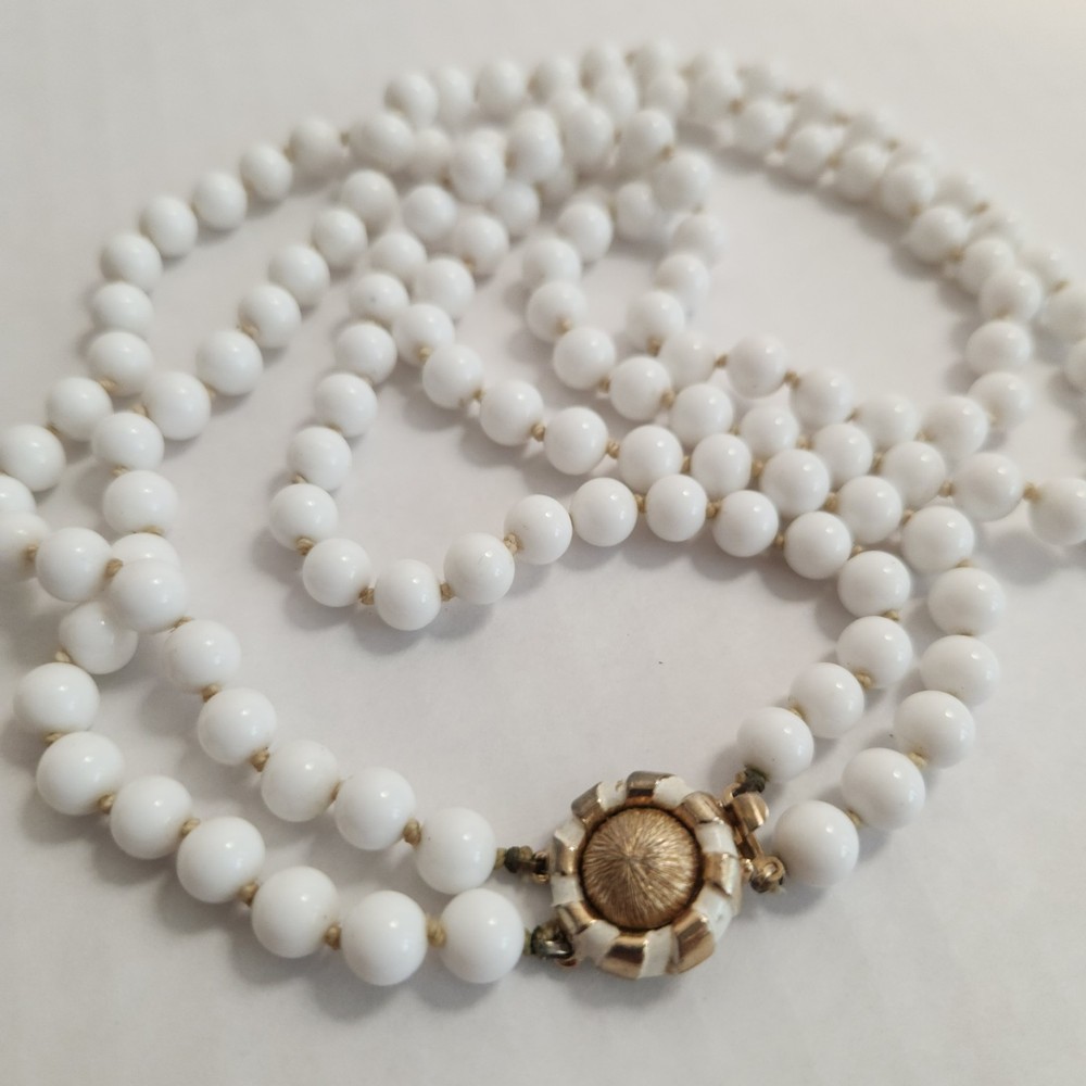 VTG Marvella Knotted Milk Glass Beaded Necklace Multi Strand Gold Sunburst Clasp