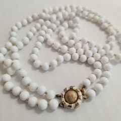 VTG Marvella Knotted Milk Glass Beaded Necklace Multi Strand Gold Sunburst Clasp