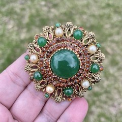Vintage Karu Arke Inc. Rhinestones Faux Pearls Faux Jade Pendant Brooch