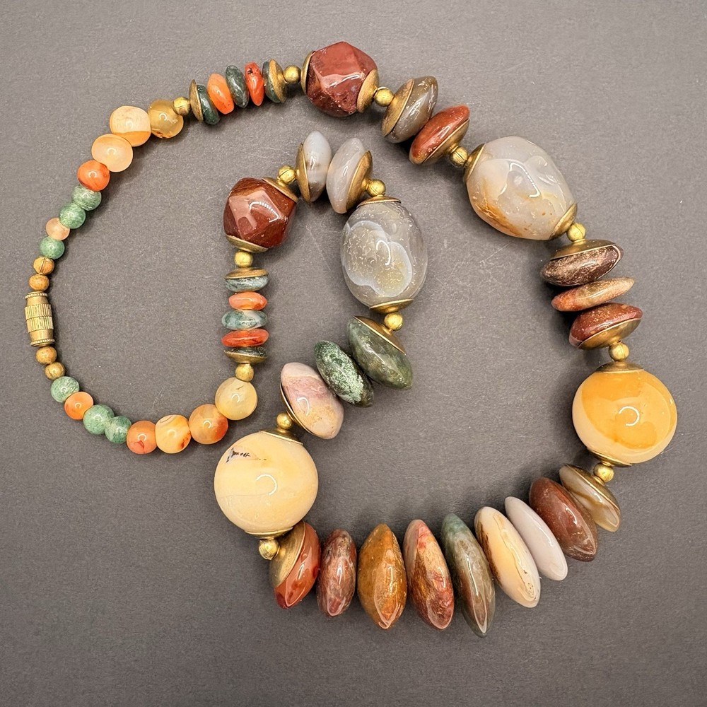 Vintage Natural Stone Agate Brass Discs Beggars Bead Statement Necklace 20”