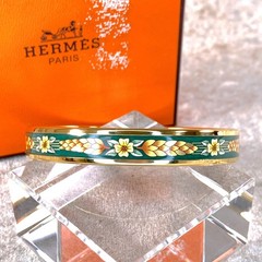 Vintage Hermes Enamel Bangle Bracelet Green Enamel Hibiscus Gold Rim 65 w/Case