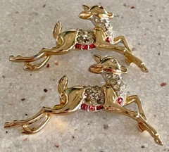 Lot of 2 Vintage Reindeer Brooch Rhinestone Gold Tone Christmas Pin