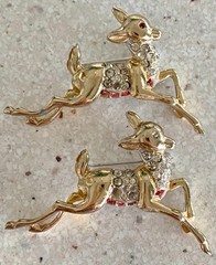 Lot of 2 Vintage Reindeer Brooch Rhinestone Gold Tone Christmas Pin