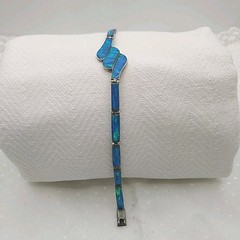 Vintage Mexico Inlayed Fire Opal Link Bracelet Box Clasp 7.75″ Sterling 925 OOAK