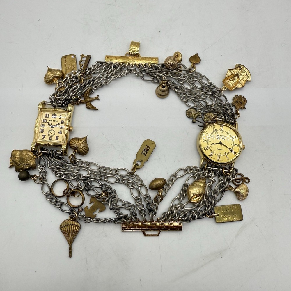 Maximal Art Bracelet Watches Multi Charms Chains Gold Tone 7″
