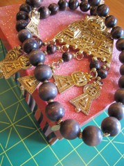 KENNETH LANE Necklace~Vintage GT BIG MAYAN pendant + Wooden Beads~Signed~FREE H
