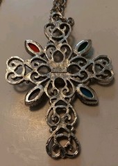 Vintage Avon Silver Tone Filigree Cross Necklace with Faux Gemstones – 24 inch