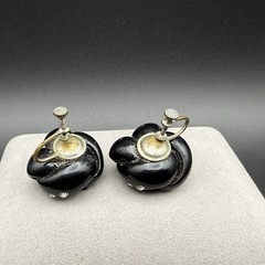 Vintage Black Lucite & Rhinestone Love Knot Screw Back Earrings Retro Statement