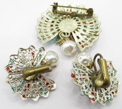 Set Blue White Red Small Bead Brooch and Matching Clip On Earrings Vintage