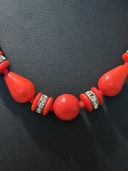 Vintage Vibrant Red Glass Ball &Tear Drop Bead Necklace Rhinestone Rondel Accent