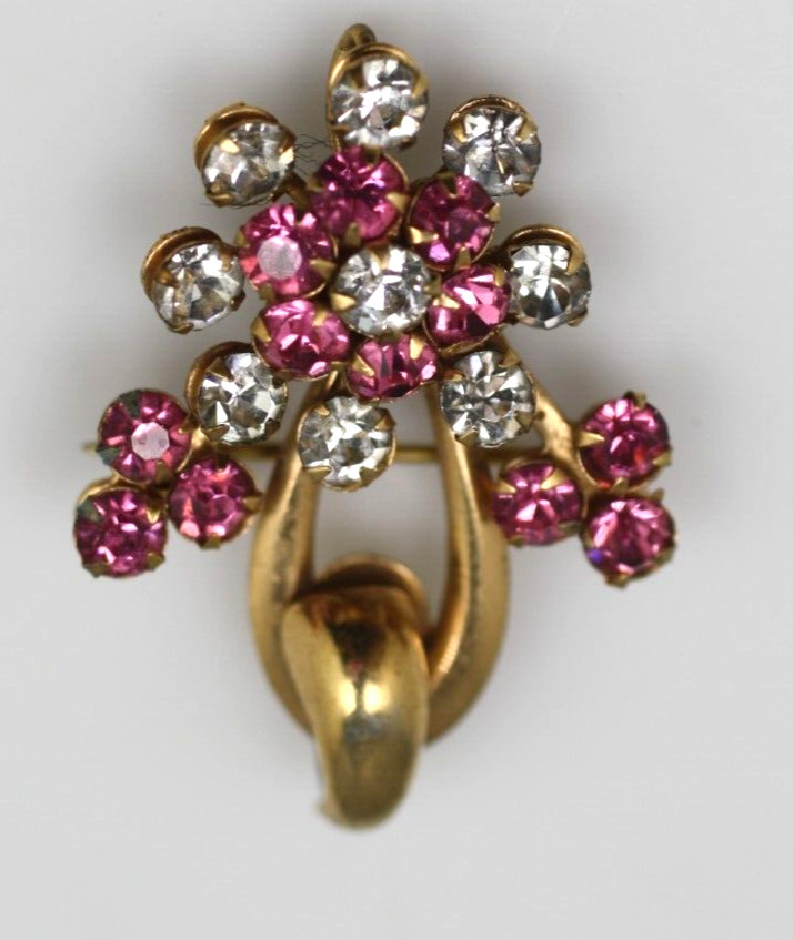 Vintage gold tone clear & pink stones flower floral shape brooch pin pendant