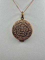 Antique Double Sided Rose Rolled Gold Flowers & Ribbon Design Locket Necklace