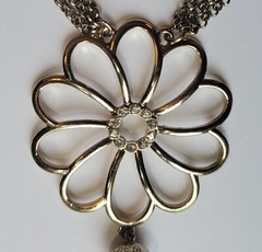 Gold Tone Flower Pendant Three Strand 28in Necklace With Chain Tassels Vintage