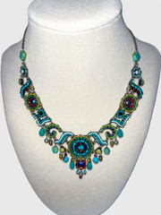 Ayala Bar Statement Necklace Turquoise Mosaic Beaded Bib Adjustable Signed 16.5″