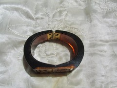 Vintage Lucite Clamper Bracelet GC Initials Brown 6.5″ Gold Plated Statement