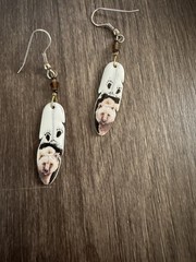 Vintage Ceramic Feather Dangling White Pierced Earrings w/ Painted Bear 2219