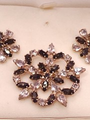 Vtg Signed b david Dark Amber & Clear Rhinestone Brooch Clip Earring Set In Box
