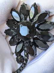 Vintage Weiss Black Rhinestone Mourning Flower Brooch Japanned Back Signed