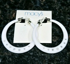 Macy’s Earrings White Acrylic Hoop Crystal accent 80’s style Vintage 2.5 in