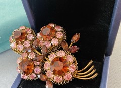 Austria Vintage Amber Pink Rhinestone Facet Brooch Wired 3D Layered Prong 3”