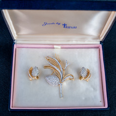 Vintage Signed Crown Trifari Pave Rhinestone Pine Con Set in OG Box A Phillipe