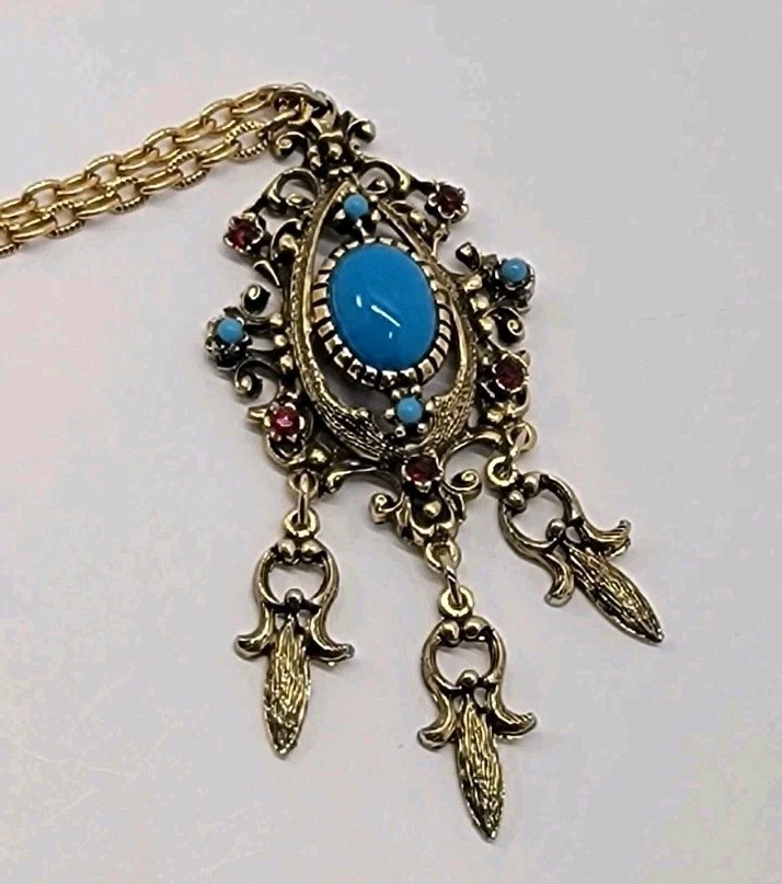 Vintage CELEBRITY Large Rhinestone Faux Turquoise Pendant Necklace GoldTone Boho