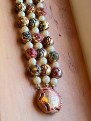 Vintage brass Beaded bracelet Gold Red & Green Metallic Accents & Faux Pearls