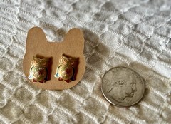 Vintage Aviva Enamel Owl Earrings Pierced Stud 1970s Gold Cloiso .5 inches