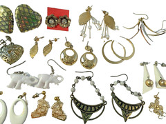 Earring Lot (14) Pairs Pierced Heart Elephant Hoops Gold Tone White Vintage