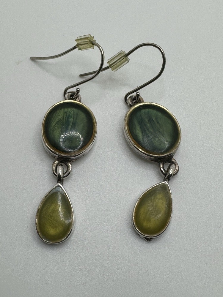 GEOMETRIC EARRINGS GREEN SILVER TONE DROP DANGLE MARKED KC VINTAGE