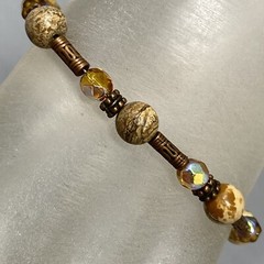 Stone Bracelet Brown Speckled Gemstone Glass Beads Bali Tubes Toggle Vtg 7″