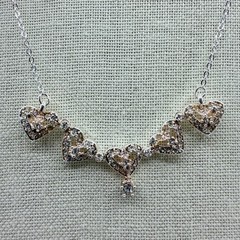 Vintage Silver Tone Heart Pendant Necklace Champagne Rhinestone Accent Dainty