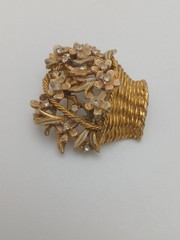 MY FAIR LADY BSK goldtone pink enamel clear stones SPRING flower basket brooch