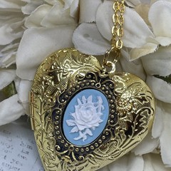 Gold Heart Locket Photo Birthday Anniversary Wedding Blue Rose Cameo Necklace