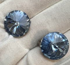 Vtg Weiss sky Blue Rivoli Rhinestone Silver-tone Earrings Clip On Round Bling!