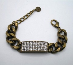 Vintage RJ Graziano pave rhinestone & antiqued goldtone ID bracelet 6.25-8″ adj