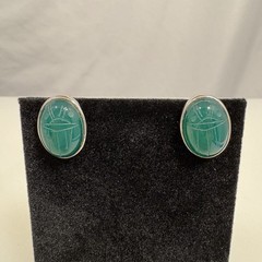 Vintage Green Carved Scarab Beetle Oval Stud Earrings by WRF Sterling Silver