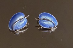 VB Denmark Sterling & Blue Enamel Large Leaf Pin and Clip Earrings
