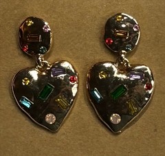 Textured Antique Gold Heart Earrings With Rhinestones Post Dangle