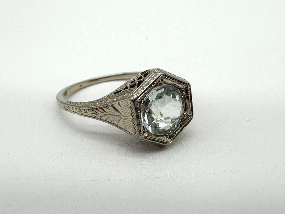 Antique Art Deco Belais 18k White Gold Ring Wedding Engagement Size 7