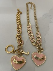 VINTAGE Y2K JUICY COUTURE GOLD TONE ENAMELED PEACH HEART NECKLACE & BRACELET
