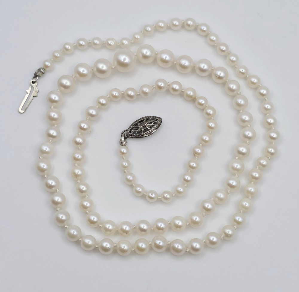 Vintage 21″ Graduated Cultured Pearl Necklace Signed Grassman Blake Sterling