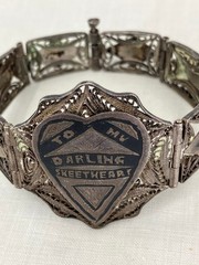 Vintage WWII Sweetheart Bracelet Niello Filigree Middle Eastern Silver 5 Panel