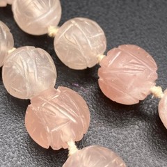 Chinese Export Blush Pink Carved Rose Quartz Necklace Floral Pendant 17 Inches