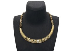Vintage Gold‑Tone Ornate Statement Necklace | Scrollwork Bib Design Faux Pearl