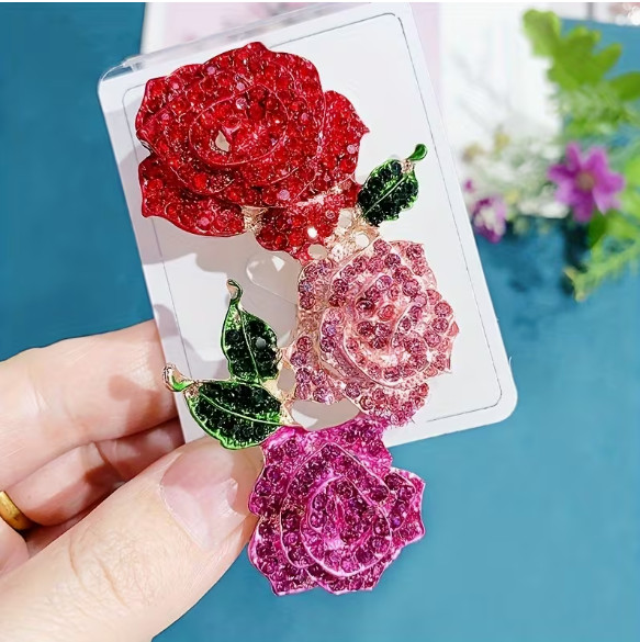 BROOCH- Three Sparkling Multicolor Rhinestone Roses