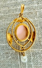 Antique 10K Gold Shell Cameo Pendant Black Enamel Pearl Drop Victorian Style