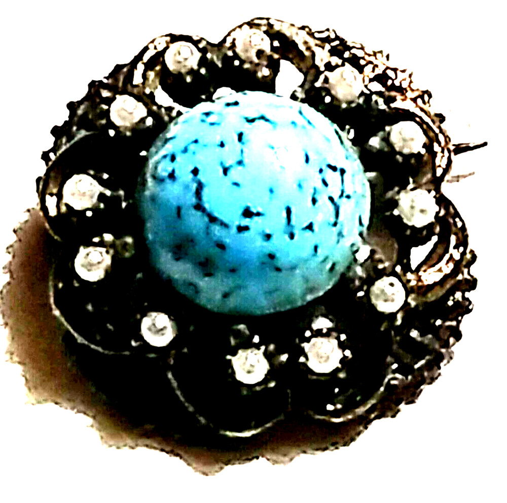 VTG Estate Metal Brooch Round Cabochon Stone Blue Jasper Faux Pearls Japan