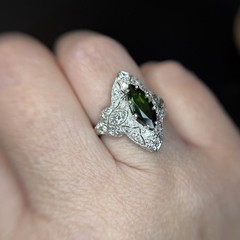 Art Deco Marquise Green Tourmaline Diamond Platinum Ring