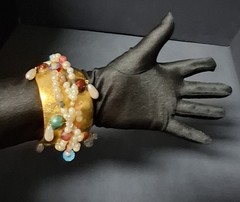 OOAK Vnt. 1980s-1990s “Ross Madole” Cuff Bracelet/Gold Leaf w Faux Pearls & Gems